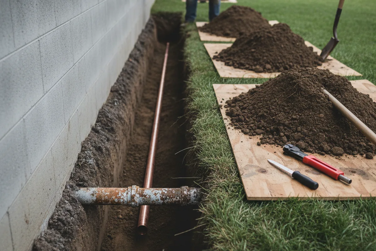 Excavated water line trench during Water Heater Repair in Darrington
